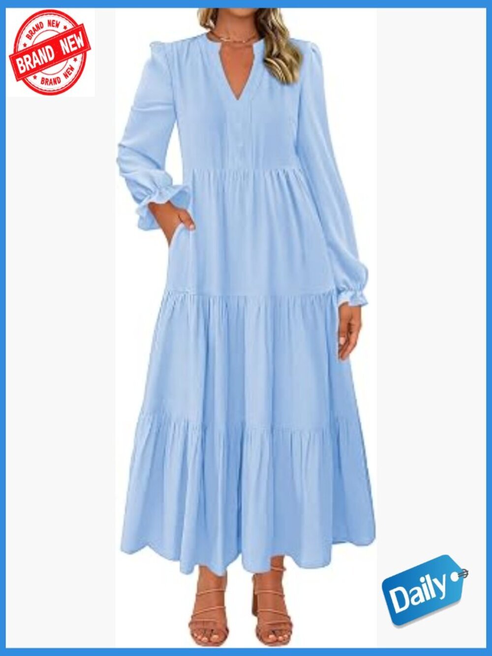 Long Sleeve V Neck Button Down A-Line Flowy Casual Boho Maxi Dress with Pockets